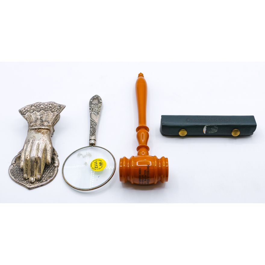 4pc Old Catalin Gavel, Hand Clip, Magnifier and Dice