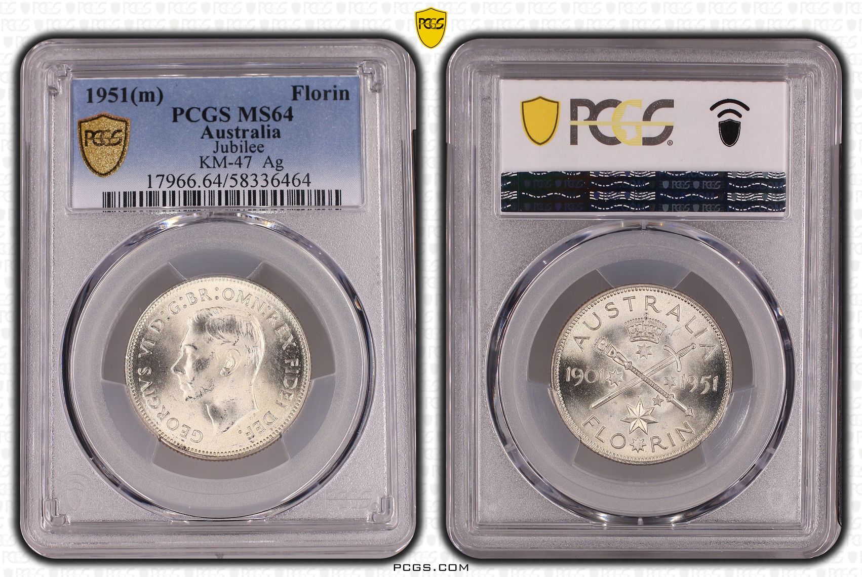 George VI, Florin, 1951, PCGS MS64