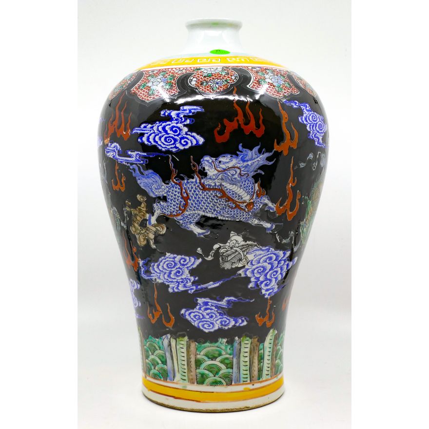 Chinese Famille Noir Mythical Beasts Meiping Large Vase 14''