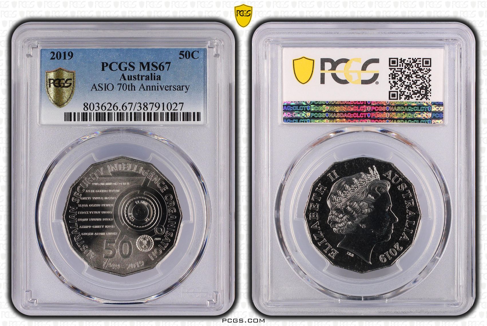 2019 Australia Fifty Cent, 50c ASIO 70th Anniversary PCGS - MS67 -027