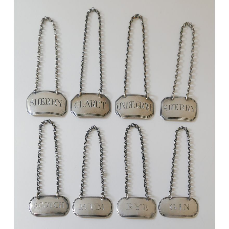 8pc English Georgian Sterling Bottle Tickets