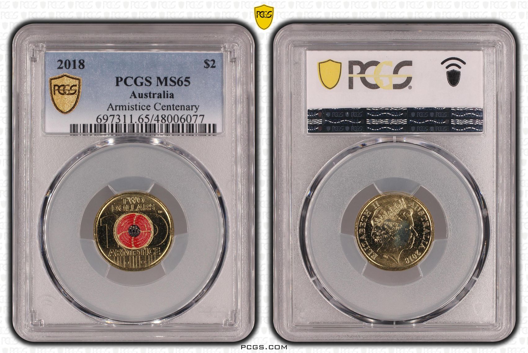 Armistice Centenary Colourised, Two Dollar, 2018, PCGS MS65