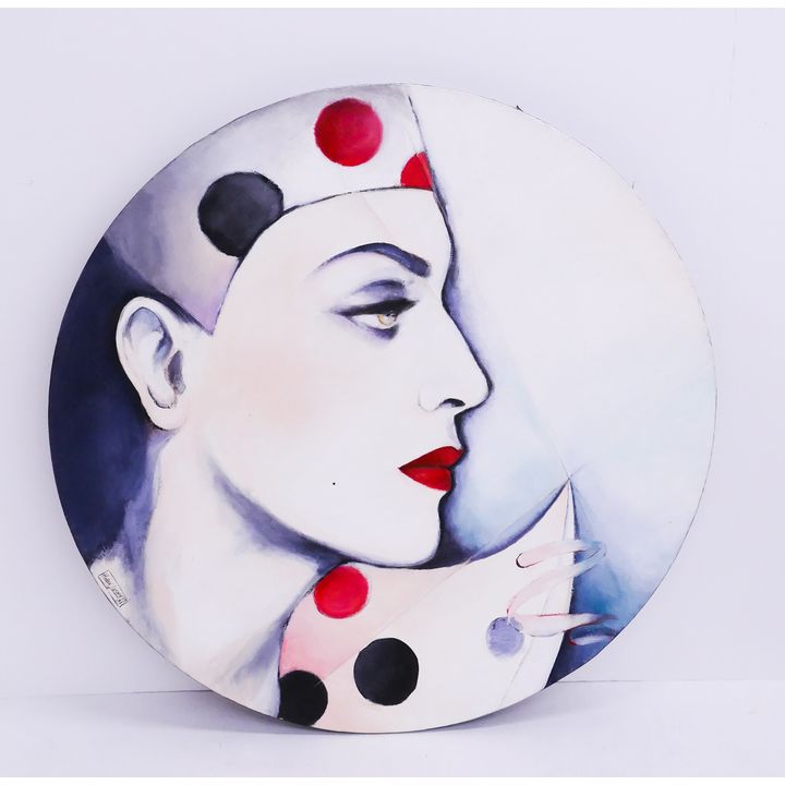 Helene Guetary 'Portrait in Profile' Tondo Oil on Canvas Round Painting. Unframed. Signed and dated 1981. Canvas measures 36'' in diameter.