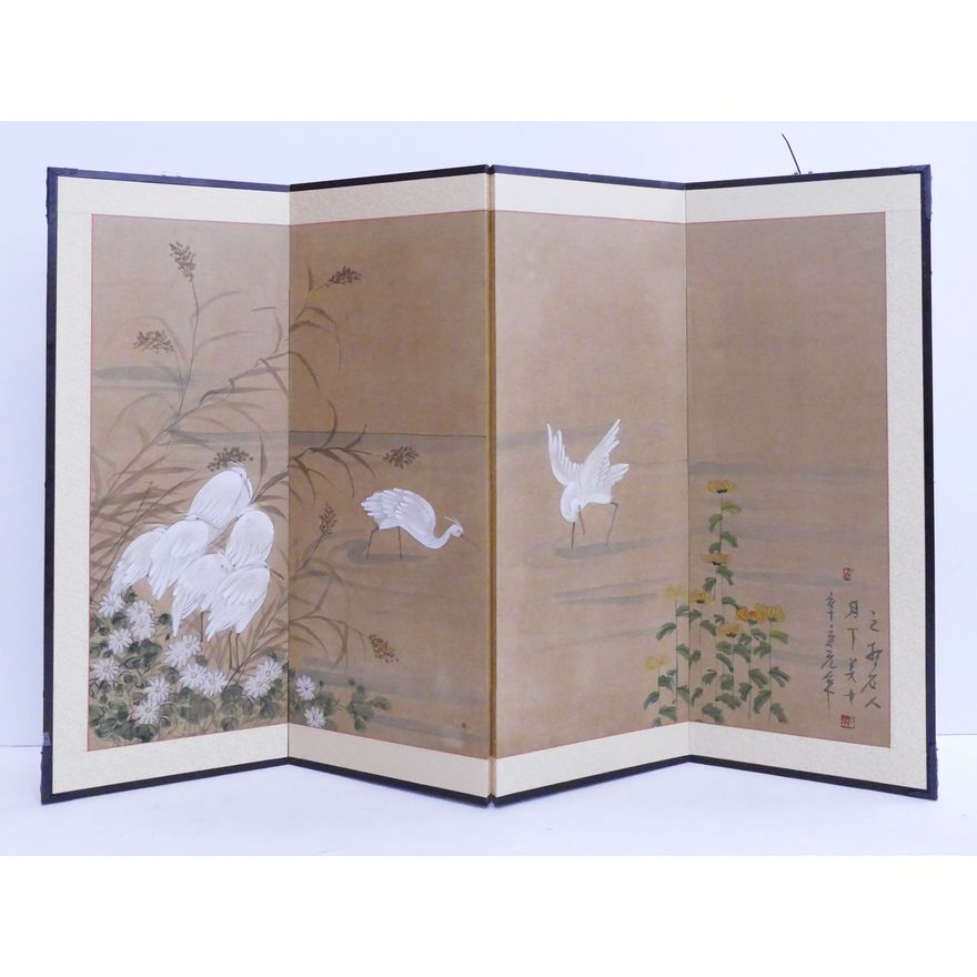 Japanese Painted 4 Panel Screen- Cranes & Flowers- 36x54''
