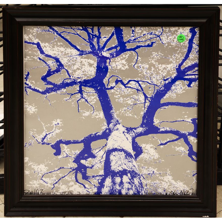 Contemporary Blue Tree Pop Art S/N Serigraph Framed 19''x19''