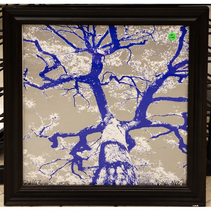 Contemporary Blue Tree Pop Art S/N Serigraph Framed 19''x19''