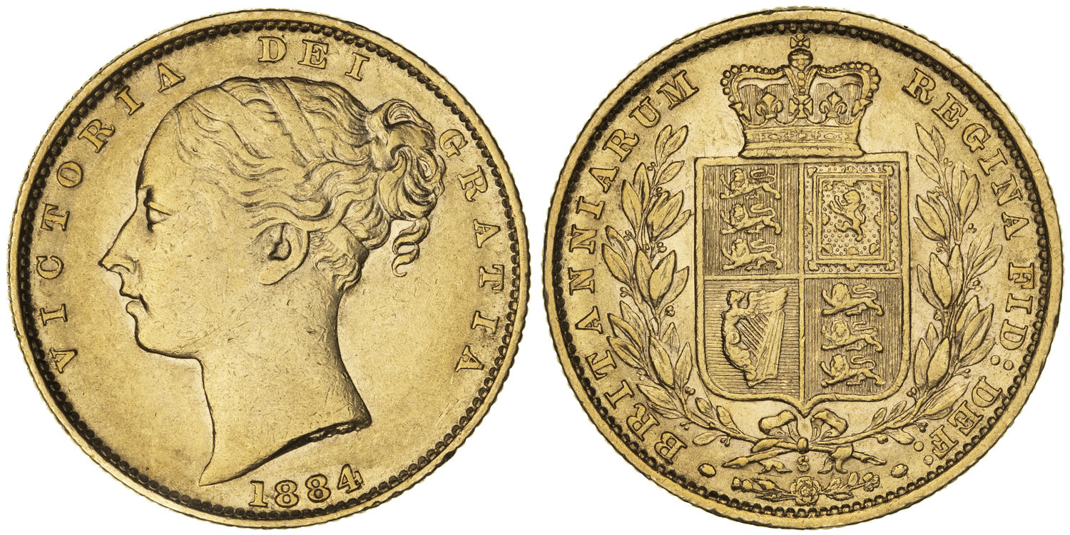 Victoria, Shield Reverse, Sovereign, 1884-S, gVF
