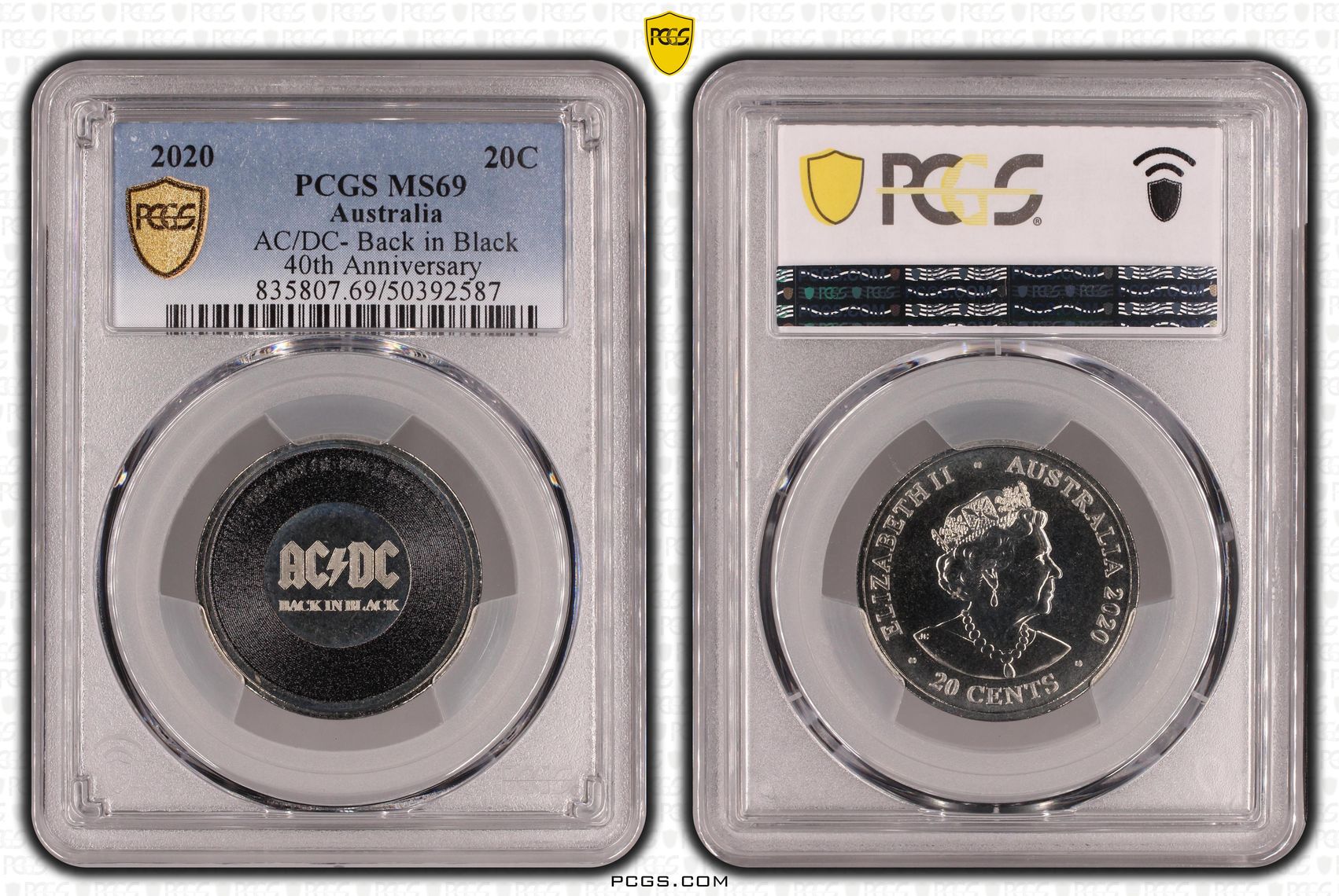 AC/DC- Back in Black 40th Anniversary POP 51/0, Twenty Cent, 2020, PCGS MS69