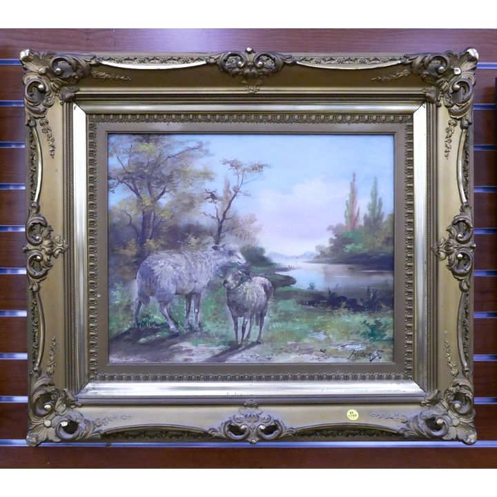 Antique Huber S. Sheep in Landscape Oil Painting in Ornate Frame- 36x21''