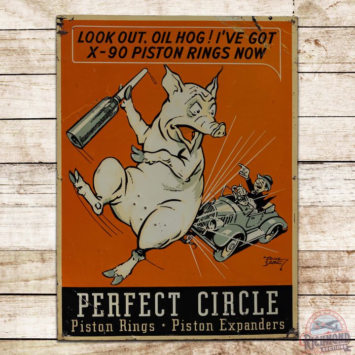 Perfect Circle Piston Rings "Look Out Oil Hog!" Emb. Single Sided Tin Sign w/ Early Car