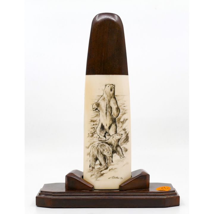 Scrimshawed Polar Bear Tusk Piece on Stand 10'' - Illegibly Signed''