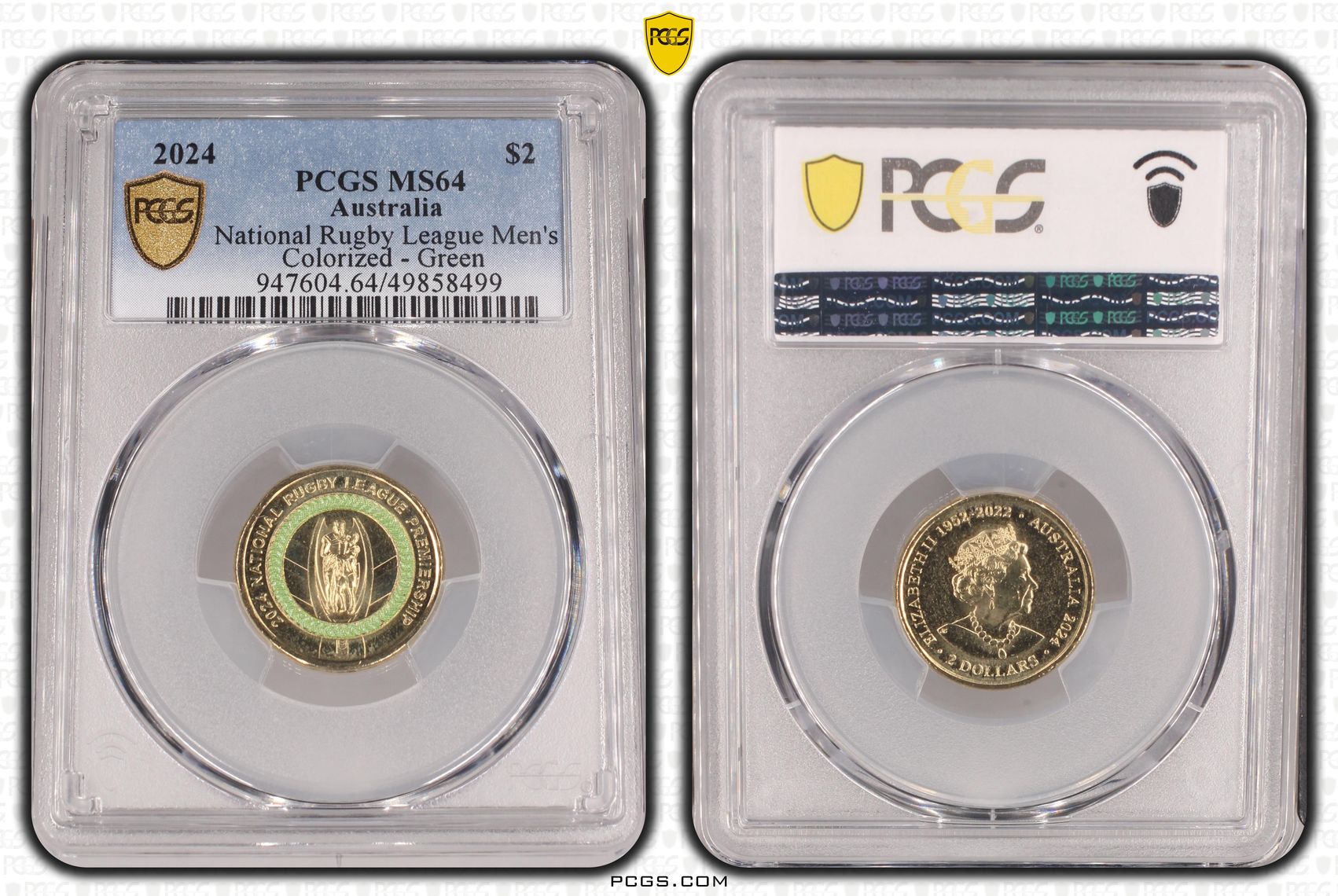 National Rugby League Men's Colorized - Green , Two Dollar, 2024, PCGS MS64