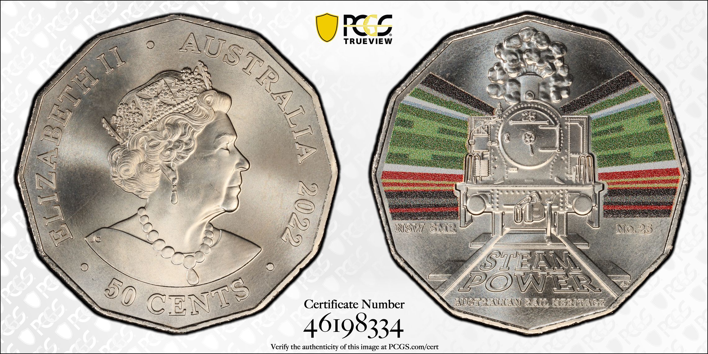 NSW S. Maitland Rail No.25 - Australian Rail Heritage, Fifty Cent, 2022, PCGS MS68
