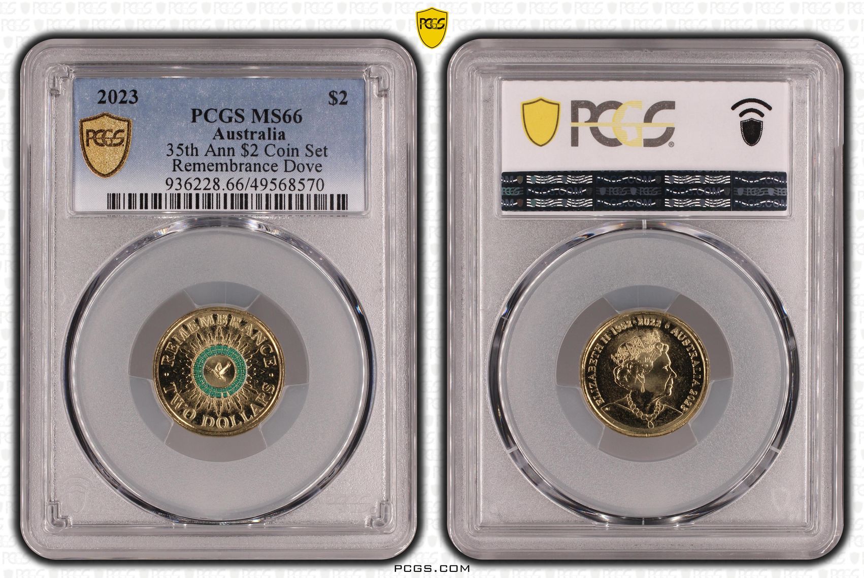 35th Ann $2 Coin Set Colourised Remembrance Dove, Two Dollar, 2023, PCGS MS66