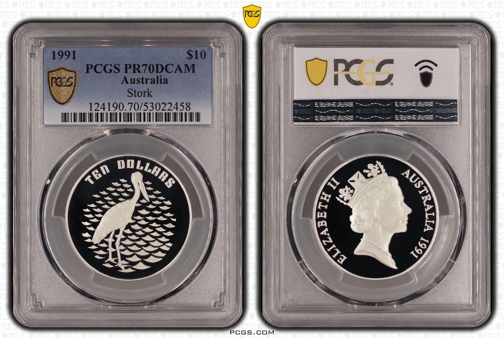 Elizabeth II, Stork, 5/0, Ten Dollar, 1991, PCGS PR70DCAM