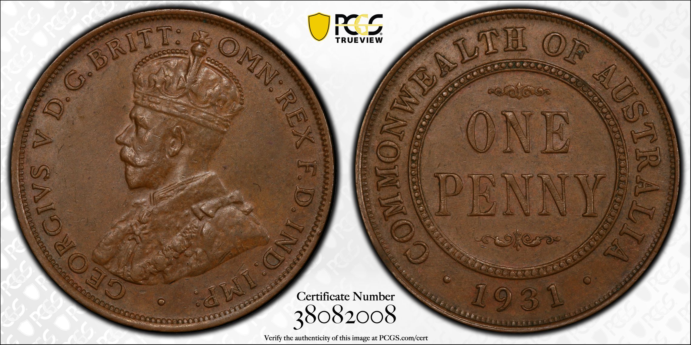 English obverse, Aligned date, One Penny, 1931, PCGS MS62BN
