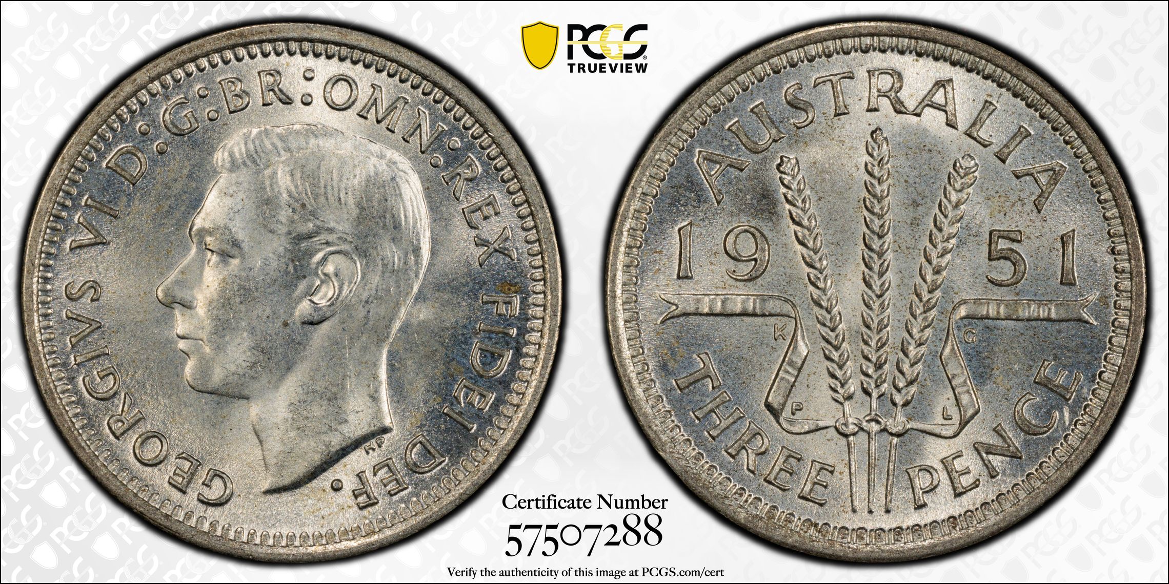 George VI, Threepence, 1951-PL, PCGS MS65