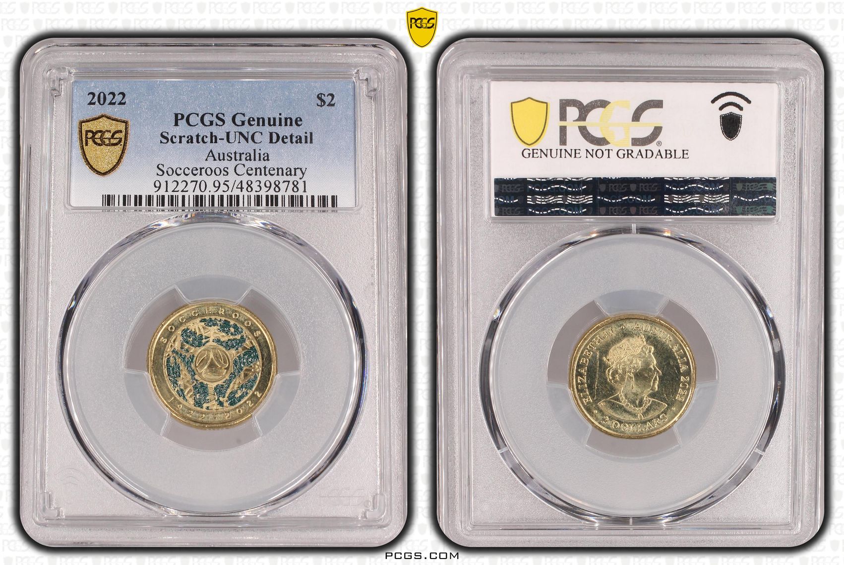 Elizabeth II, Socceroos Centenary, Two Dollar, 2022, PCGS Genuine - UNC Details (95 - Scratch)