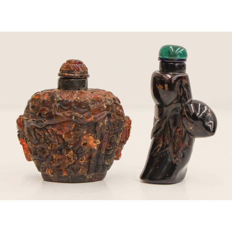 2pc Chinese Amber & Wood Snuff Bottles