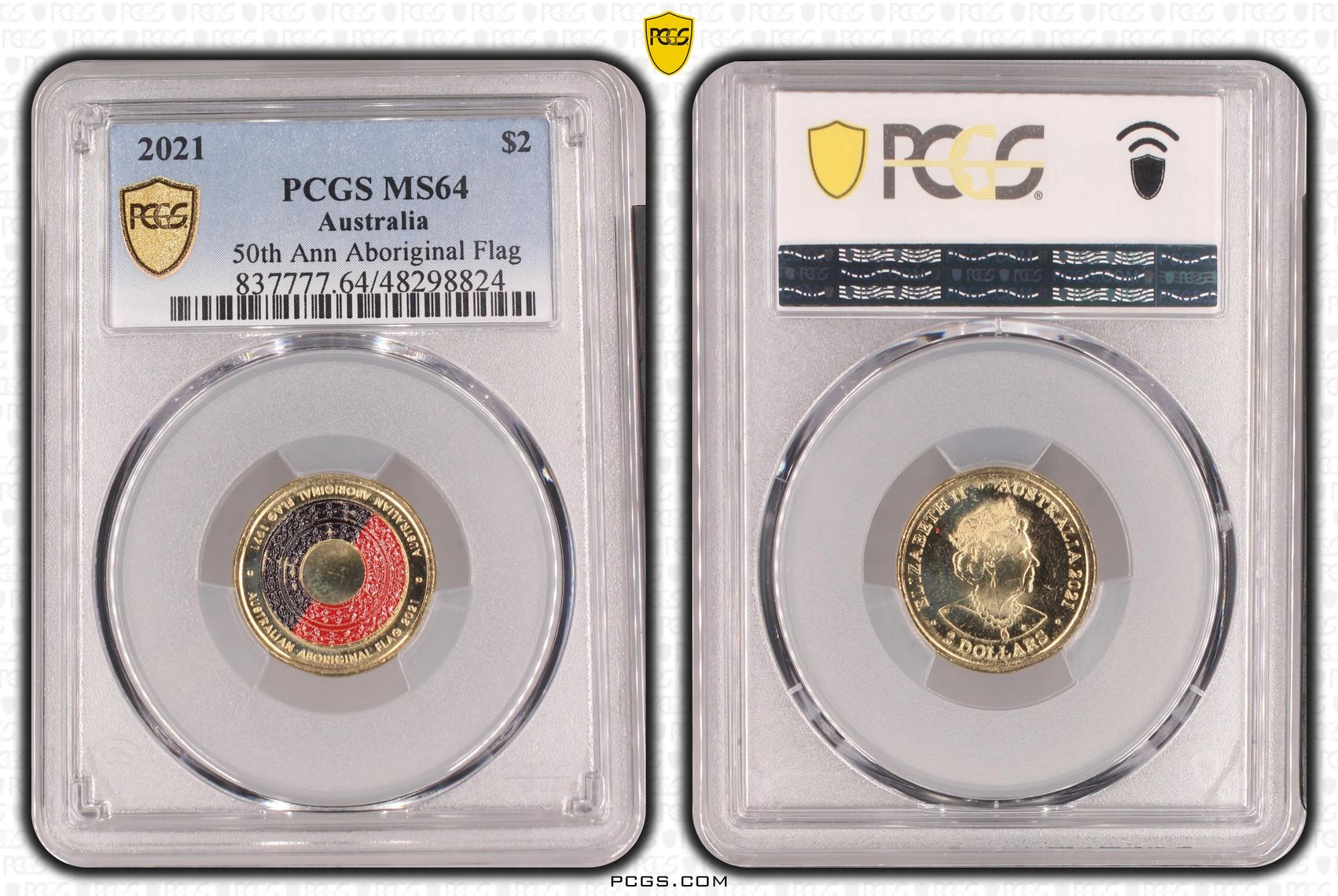 50th Ann Aboriginal Flag Colorized , Two Dollar, 2021, PCGS MS64