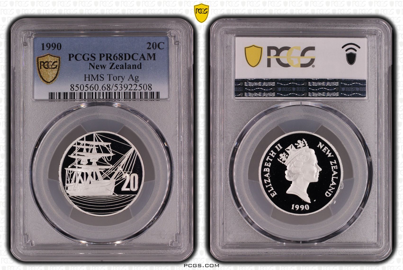 New Zealand , HMS Tory Silver, Twenty Cent, 1990, PCGS PR68DCAM