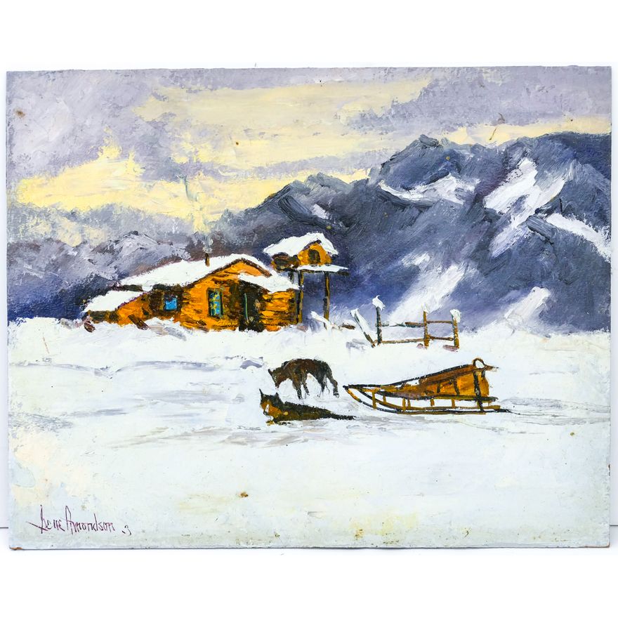 Gene Amondson ''Dogs & Sled at Winter Cabin'' Oil on Masonite