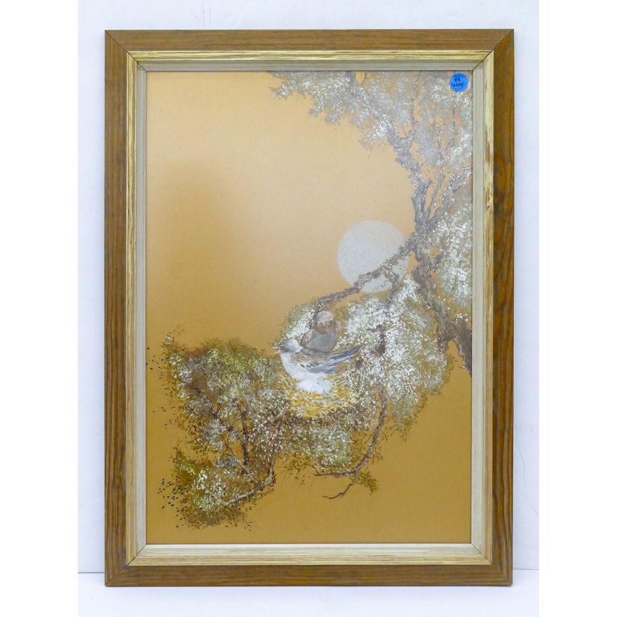Nesting Birds Mixed Media Framed 23'' x 17'' Illegibly Signed.