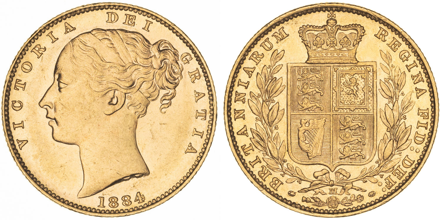 Victoria, Shield Reverse, Sovereign, 1884-M, UNC
