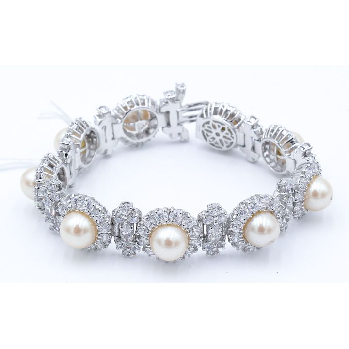 Sterling Rhinestone & Faux Pearl Bracelet 8''