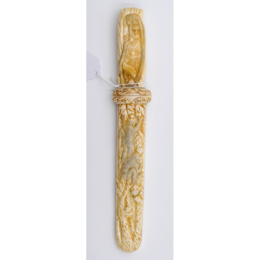 Old Japanese Carved Bone Page Turner with Monkeys 10"
