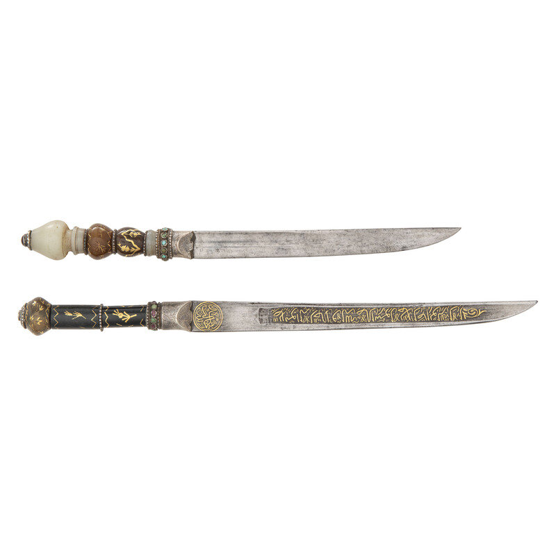 Pair of Unusual 19th Century Ottoman Kard Daggers with Jade Hilts and Gold Inlays