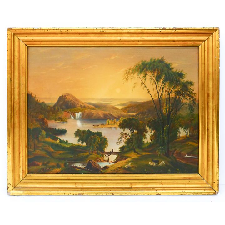 Antique Naive Coastal Scene Oil on Canvas. Unsigned. Gilt Frame 22x28''