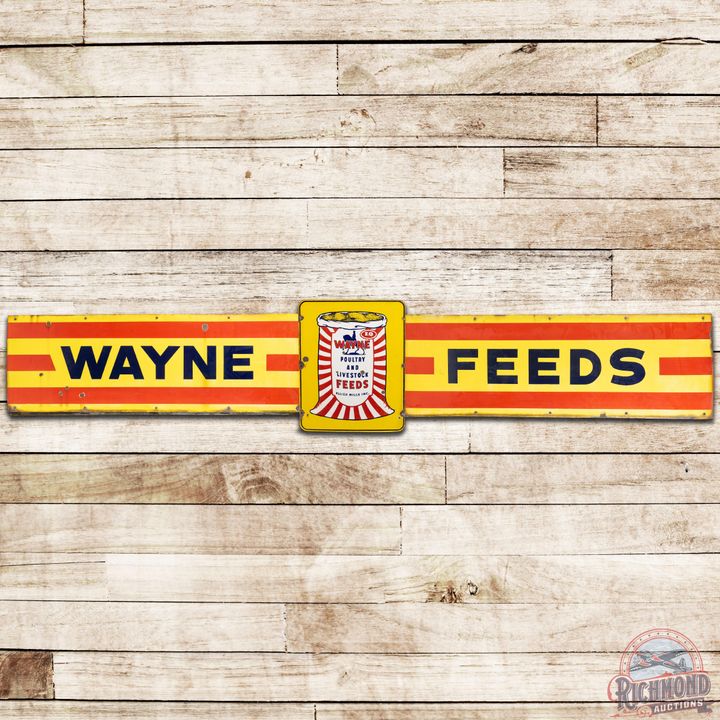 Scarce 14' Wayne Feeds  Three Piece SS Porcelain Sign w/ Logo