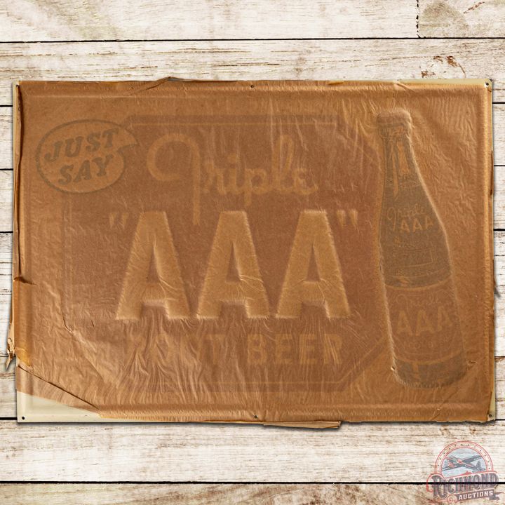 NOS Just Say Triple AAA Root Beer Embossed SS Tin Sign w/ Paper