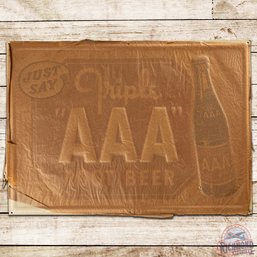 NOS Just Say Triple AAA Root Beer Embossed SS Tin Sign w/ Paper