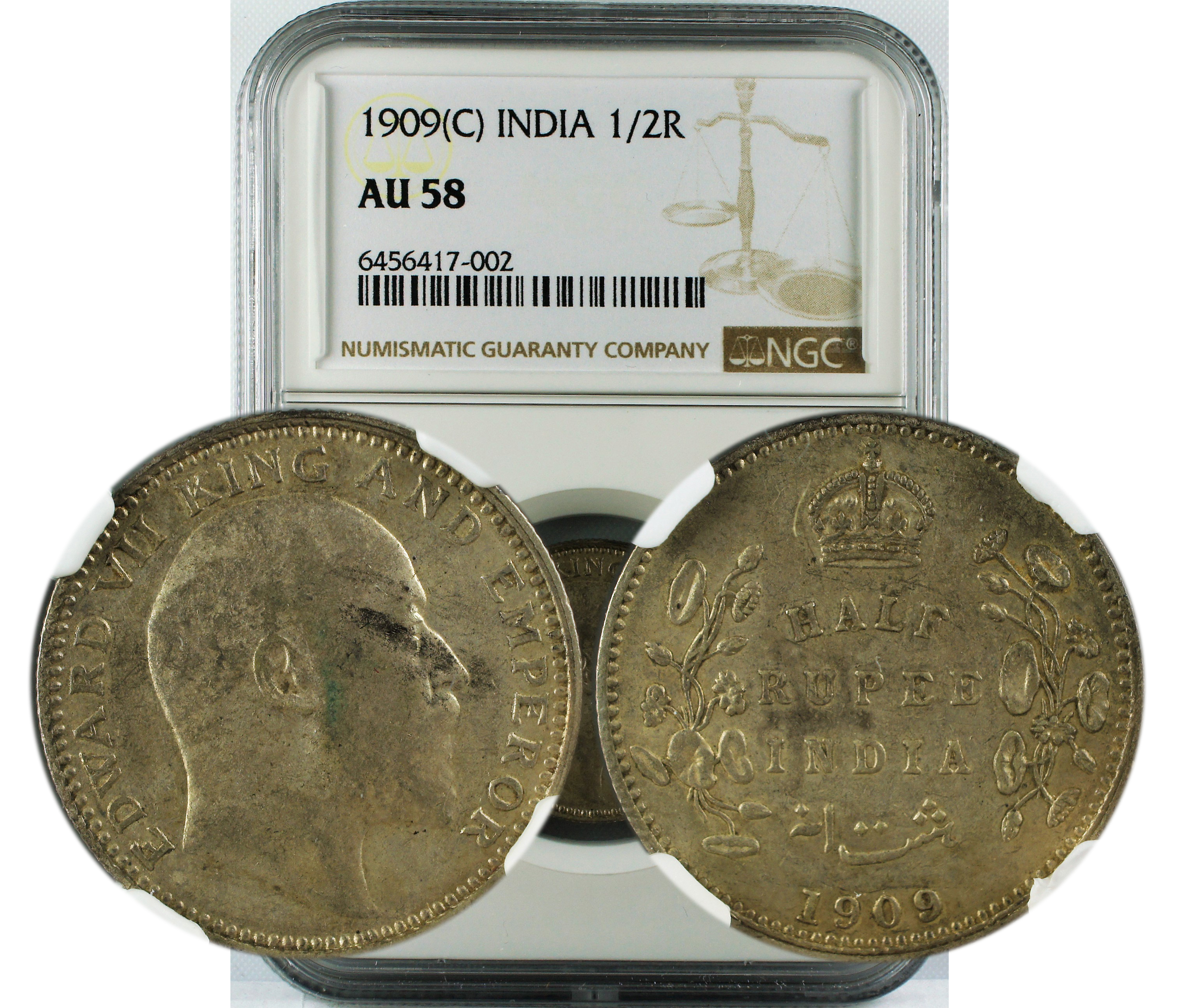 1909 C INDIA 1/2 RUPEE AU58
