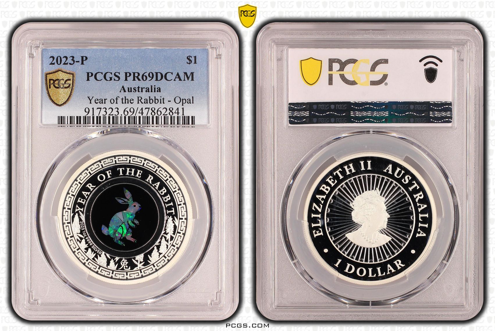 Year of the Rabbit Opal Ag, One Dollar, 2023-P, PCGS PR69DCAM