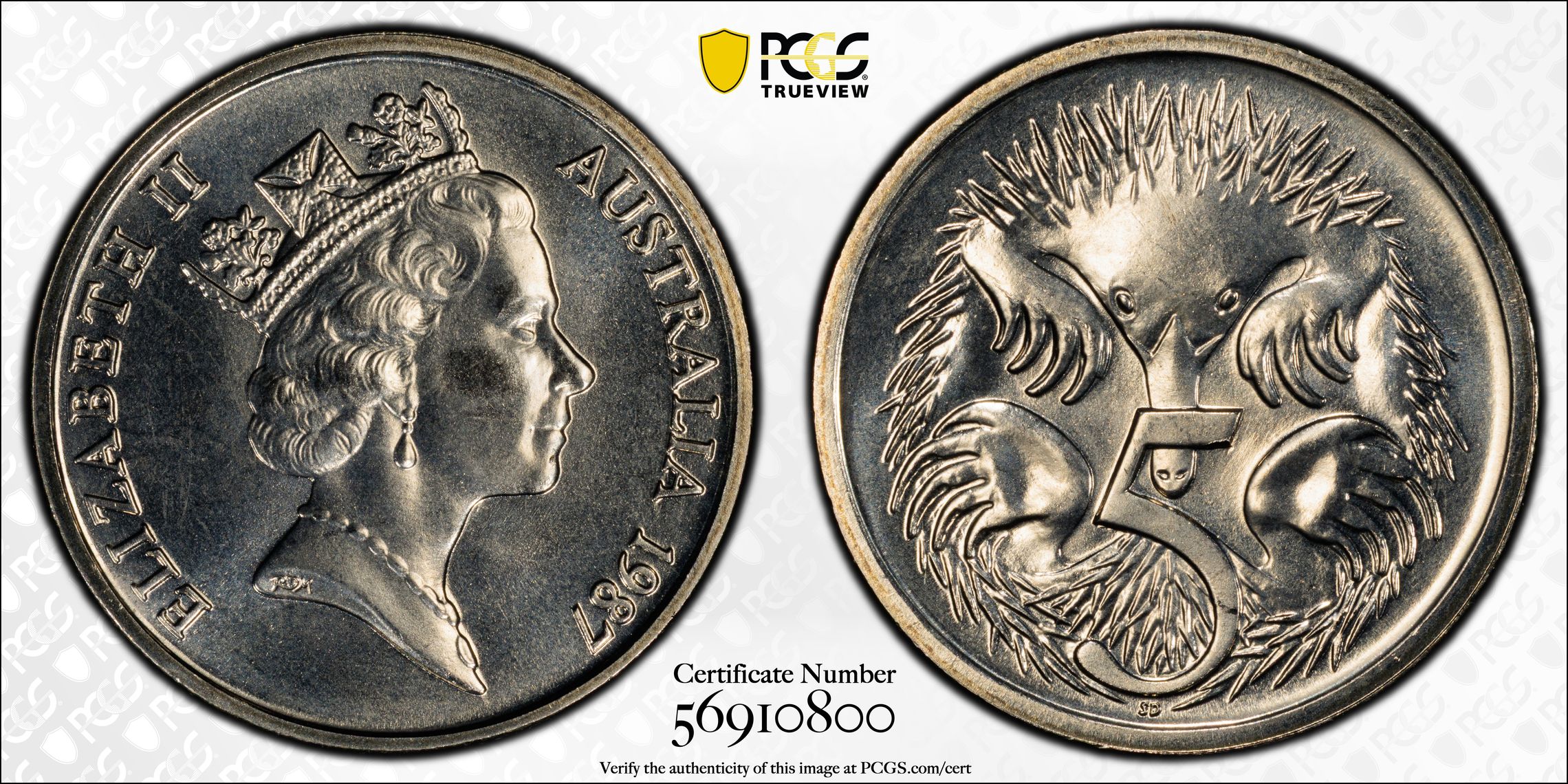Low Echidna, Five Cent, 1987, PCGS MS68