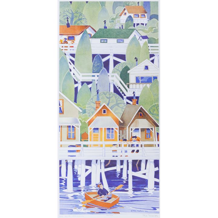Rie Munoz ''Red Skiff, Ketchikan'' 1992 Signed Print