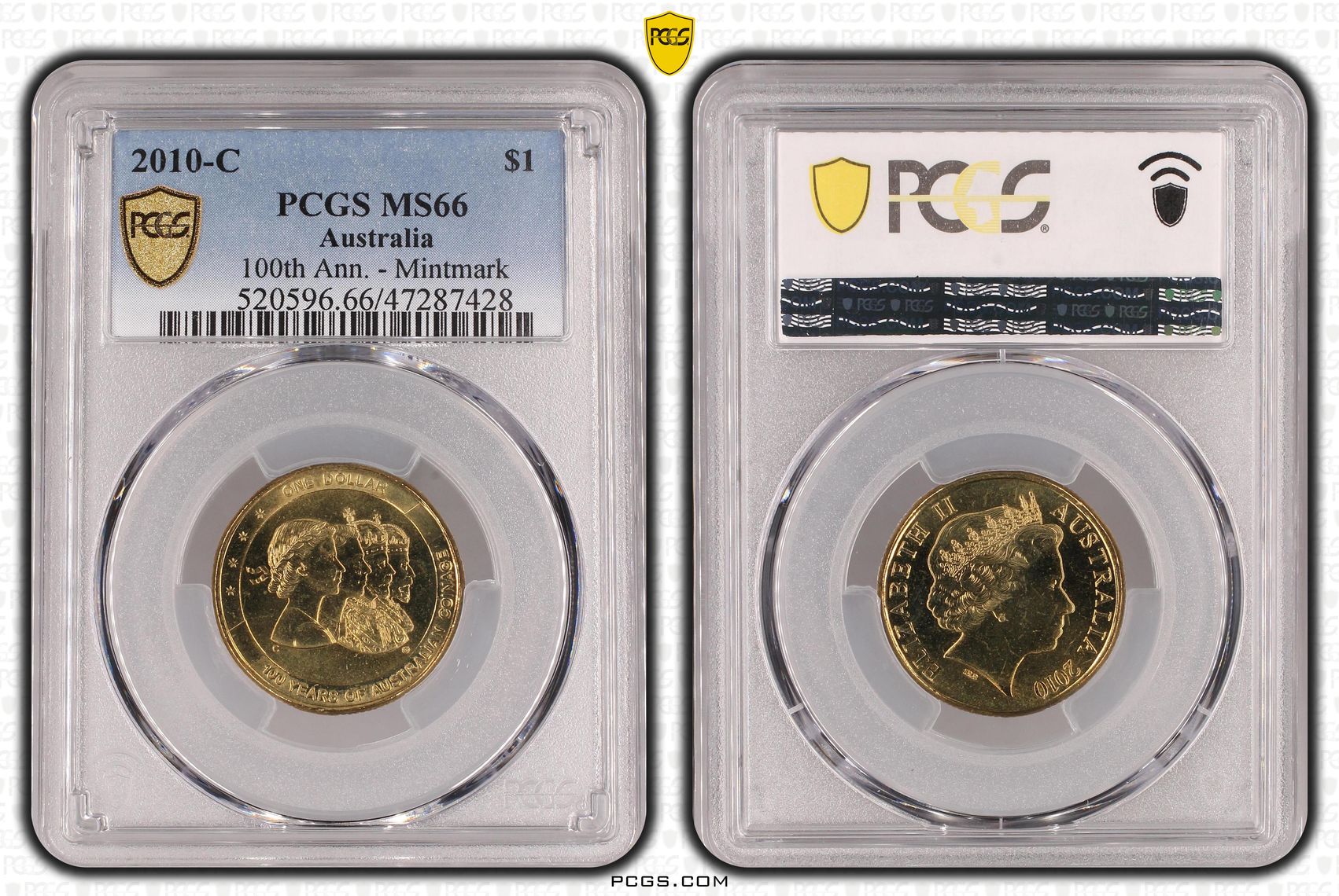 237 · Elizabeth II, 100th Ann. - Mintmark , One Dollar, 2010-C, PCGS MS66