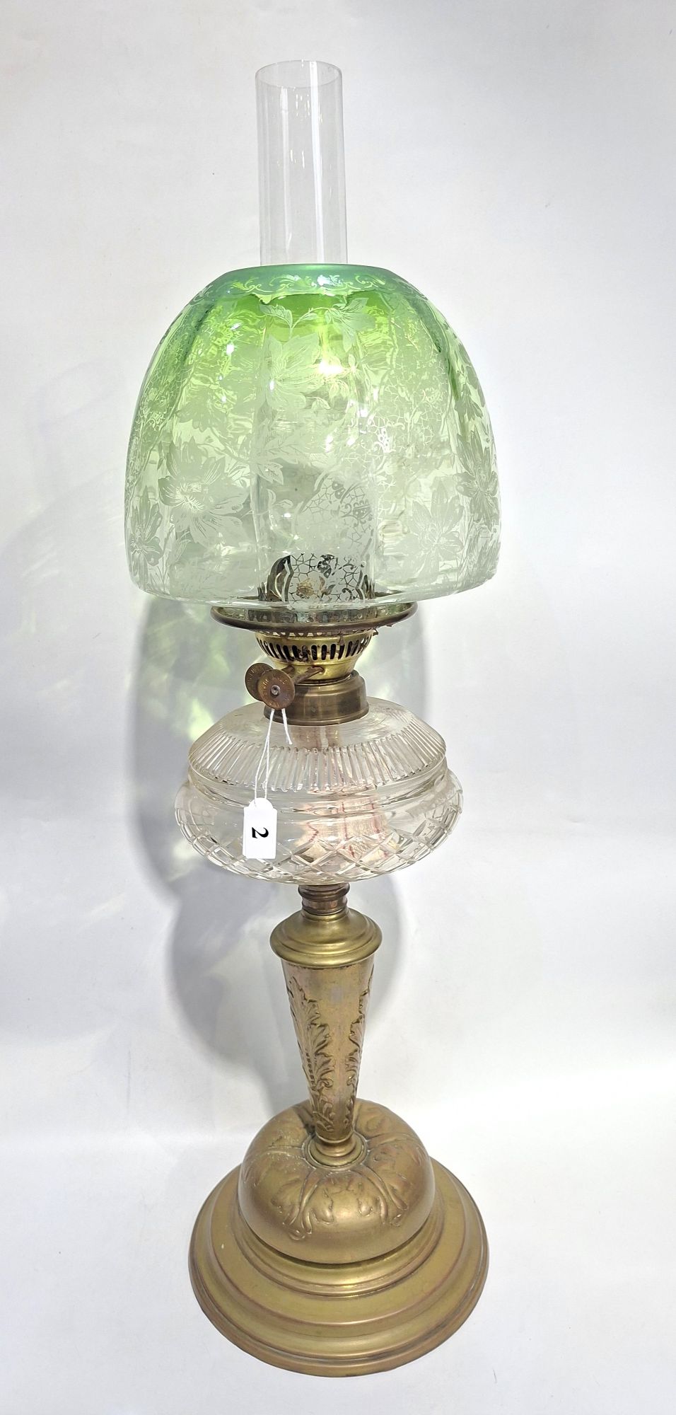 2 · ANTIQUE BRASS AND CLEAR GLASS OIL LAMP