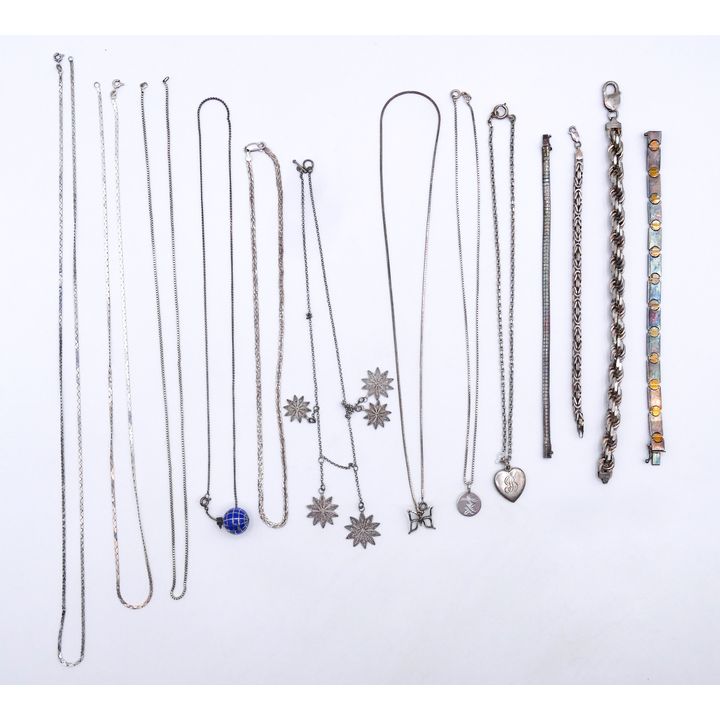Box Assorted Sterling Chains with Some Pendants - 142 Grams TW