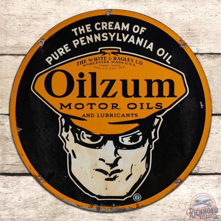 1937 Oilzum Motor Oils & Lubricants 24" Double Sided Tin Sign w/ Oswald