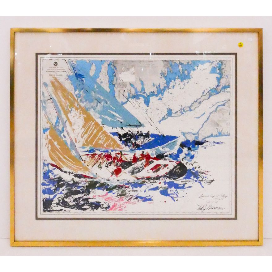 LeRoy Neiman Ink Signed 'America's Cup Print' Gallery Framed Print- 32x37''