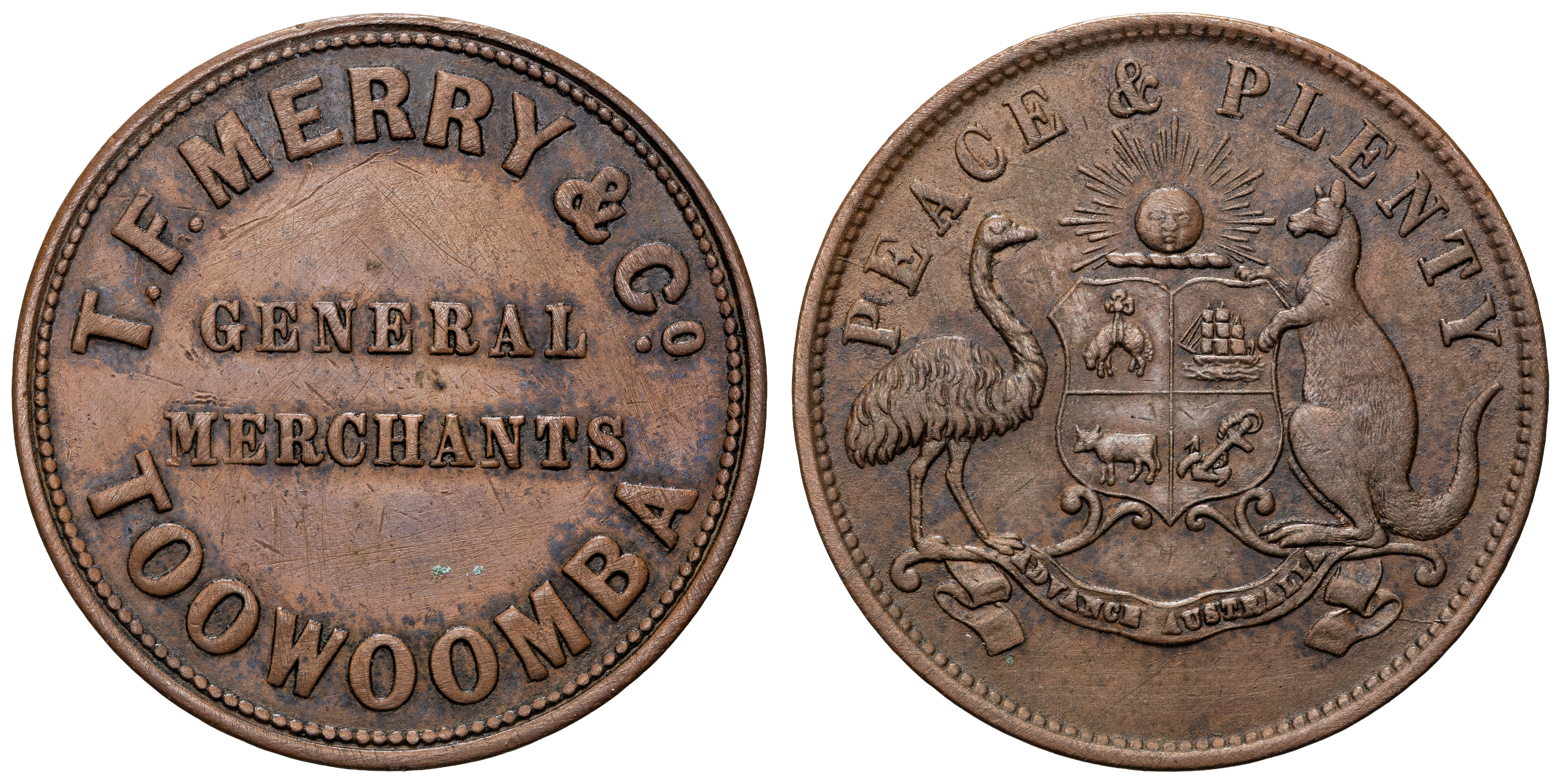 A.185a - Merry, T.F. & Co, Toowoomba, QLD, Penny, C.1863, aEF