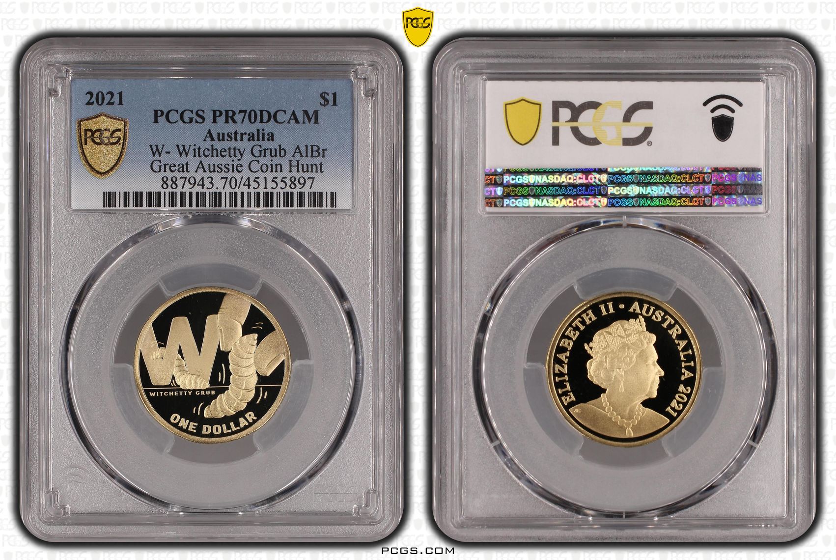 W- Witchetty Grub AlBr, One Dollar, 2021, PCGS PR70DCAM