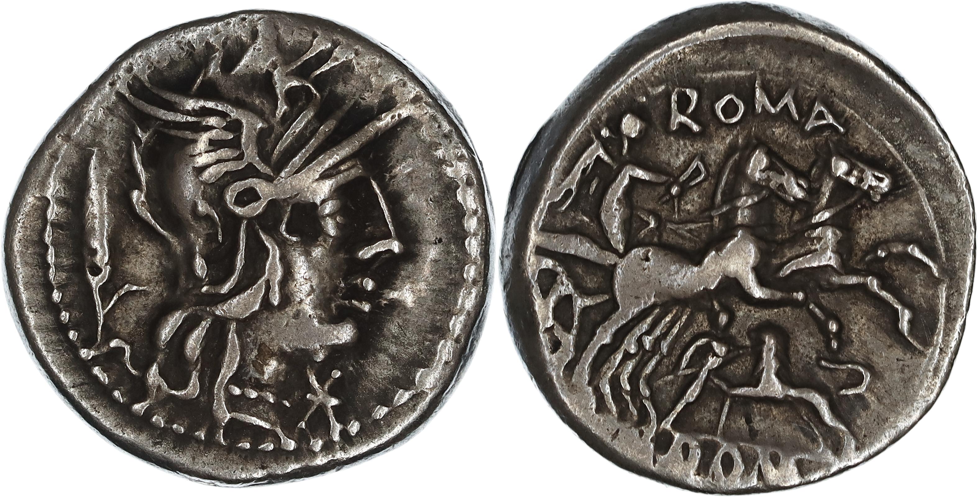 Roman Republic, Cn. Domitius Ahenobarbus, Silver Denarius, 128 BC, VF