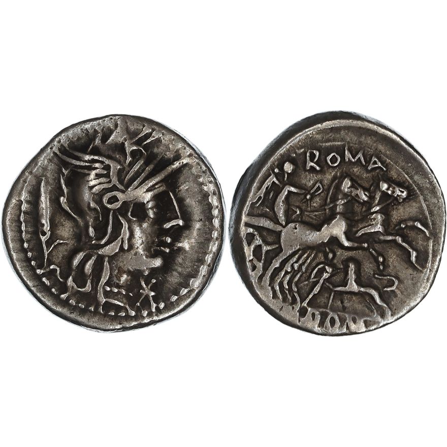 Roman Republic, Cn. Domitius Ahenobarbus, Silver Denarius, 128 BC,  VF