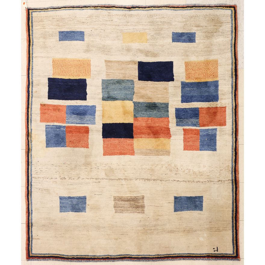 Turkish Modern Wool Rug with Squares 5'4''x6'9'
