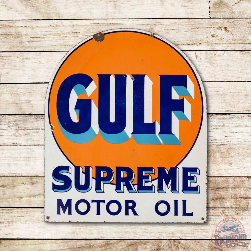 Gulf Supreme Motor Oil Tombstone Porcelain Sign